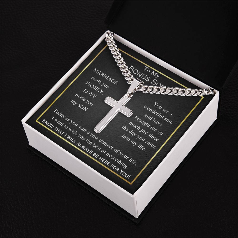 Cuban Chain with Artisan Cross Necklace, gift for Bonus Son on Wedding Day, Graduation