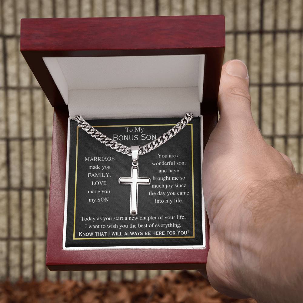 Cuban Chain with Artisan Cross Necklace, gift for Bonus Son on Wedding Day, Graduation