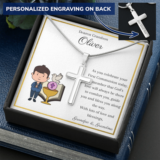 Personalized Cross Necklace for Grandson for First Holy Communion