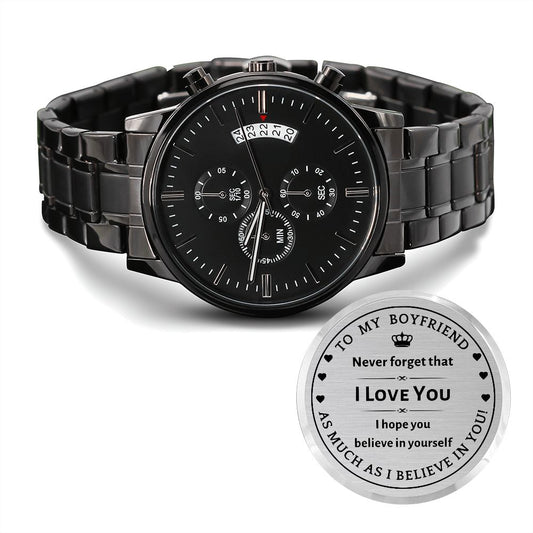 Engraved Design Black Chronograph Watch, gift for boyfriend on Valentine's Day, Birthday, Anniversary